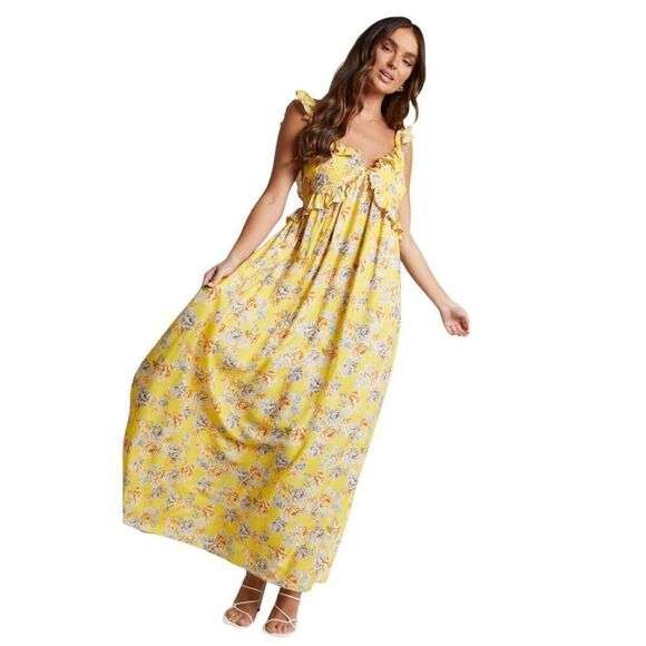 Showpo. Serenyo Midi Dress Ruffle Detail Low Back Yellow Floral 10 NWT - Picture 1 of 6
